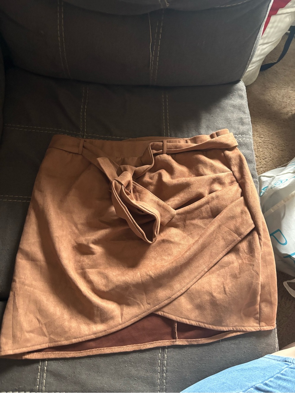 SHEIN Tan Faux Suede Wrap Mini Skirt with Self Tie